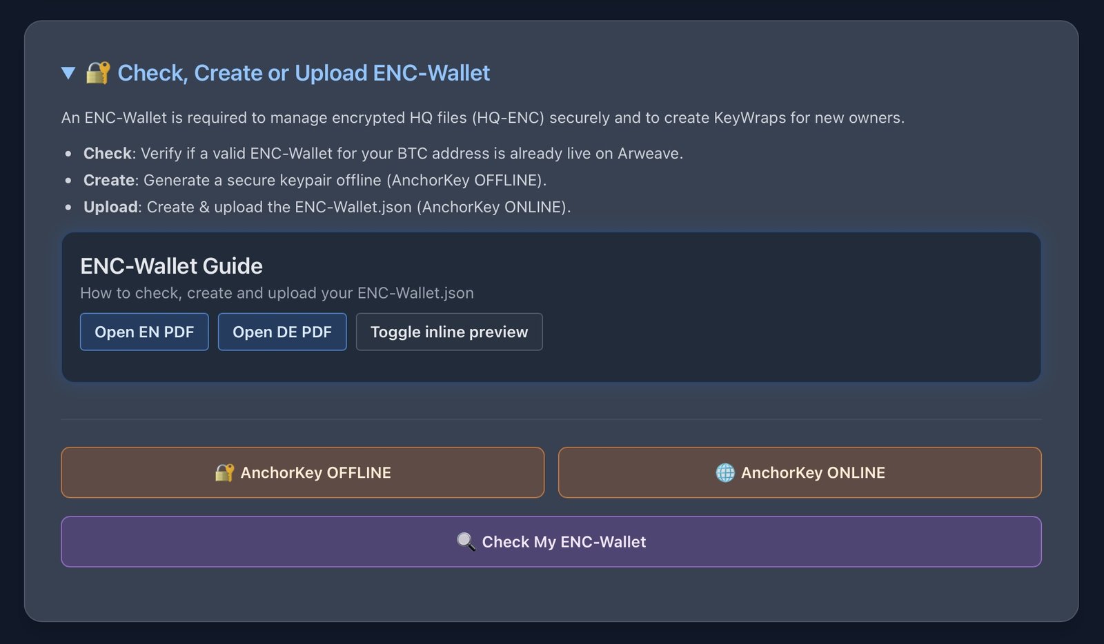 Check, Create or Upload ENC-Wallet Screenshot